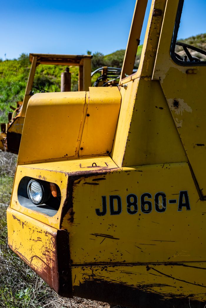 Detailed close-up of yellow construction machinery with a rustic look in Santa Clarita, CA.