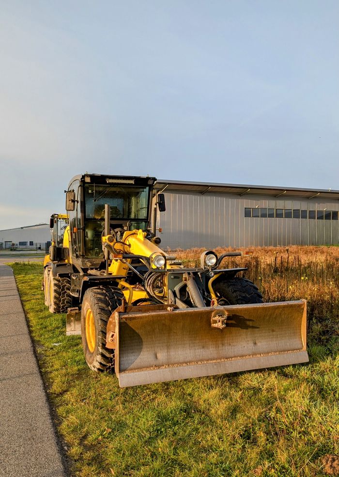 A yellow bulldozer ready for action at a construction site in Pirmasens, Germany.